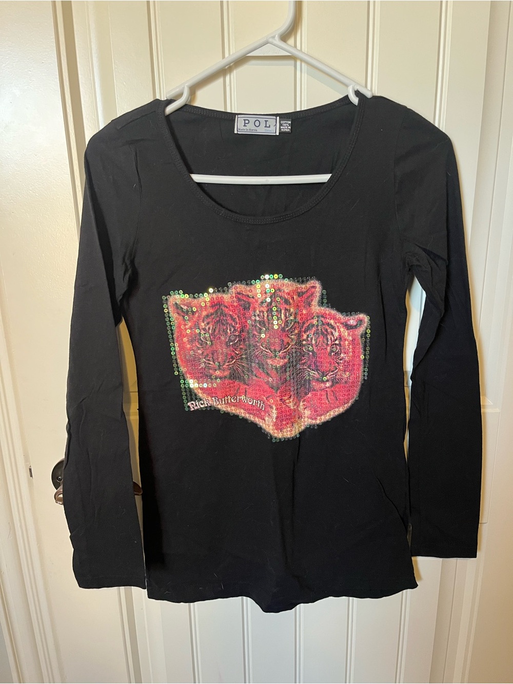 POL Black Long Sleeve Tee with Sequin Pink Graphic
